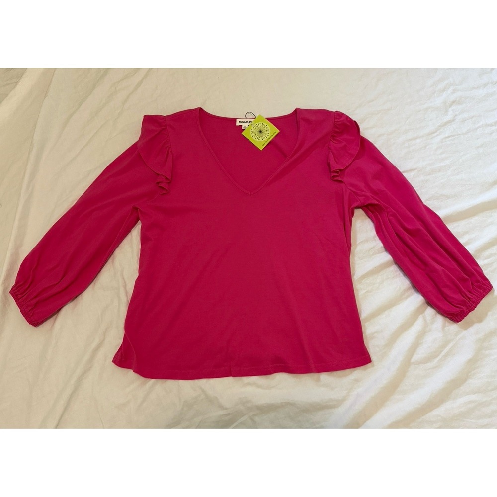 NWT Sugarlips Blouse M Floral Pixie Ruffle Solid Pink Long Sleeve Boho